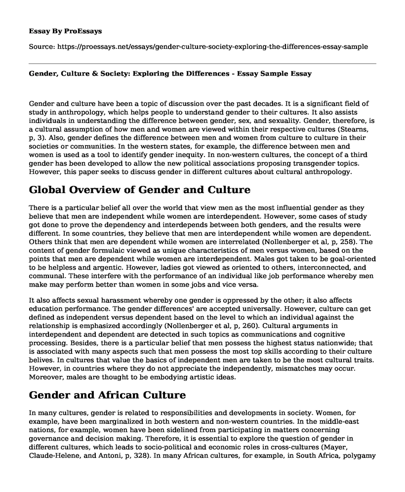 Gender, Culture & Society: Exploring the Differences - Essay Sample