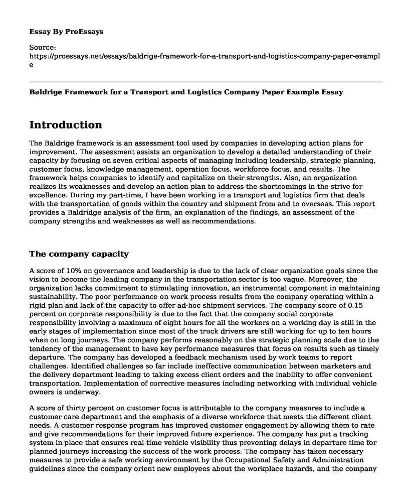 Baldrige Framework for a Transport and Logistics Company Paper Example