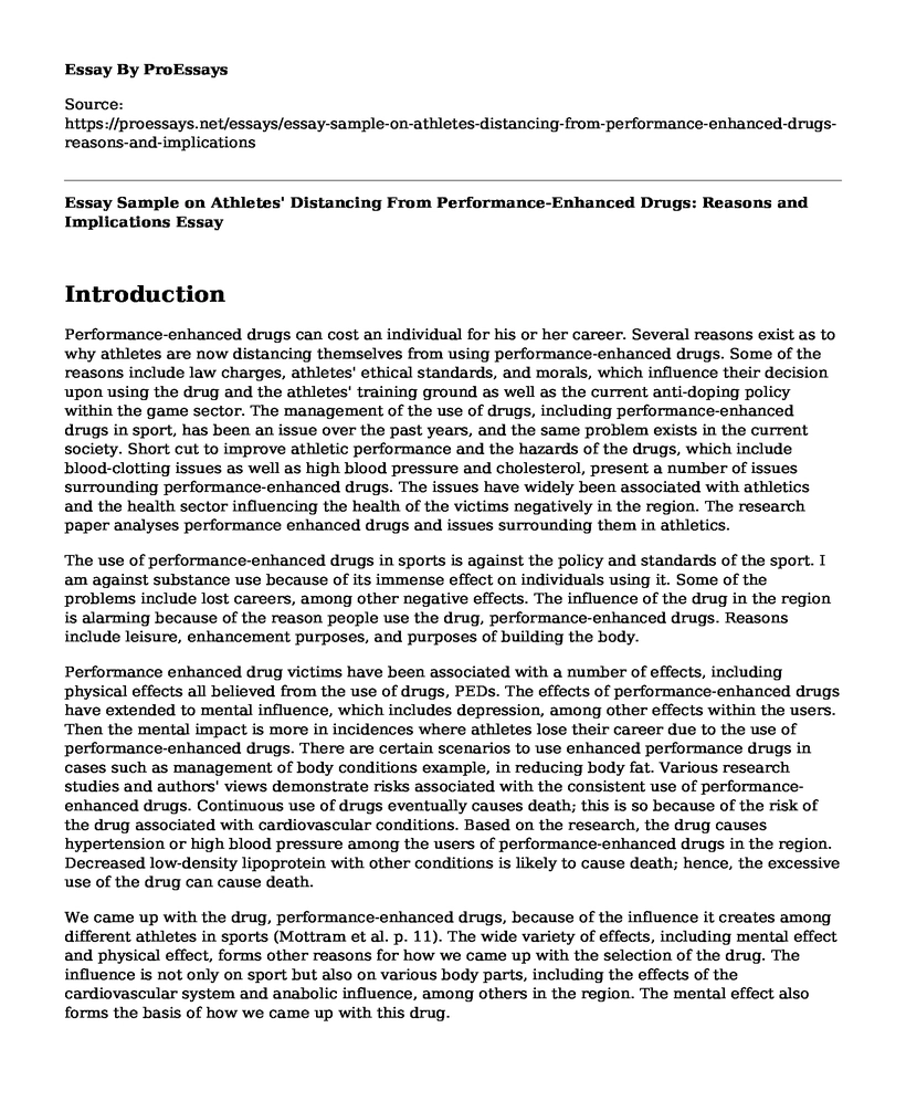 Essay Sample on Athletes' Distancing From Performance-Enhanced Drugs: Reasons and Implications