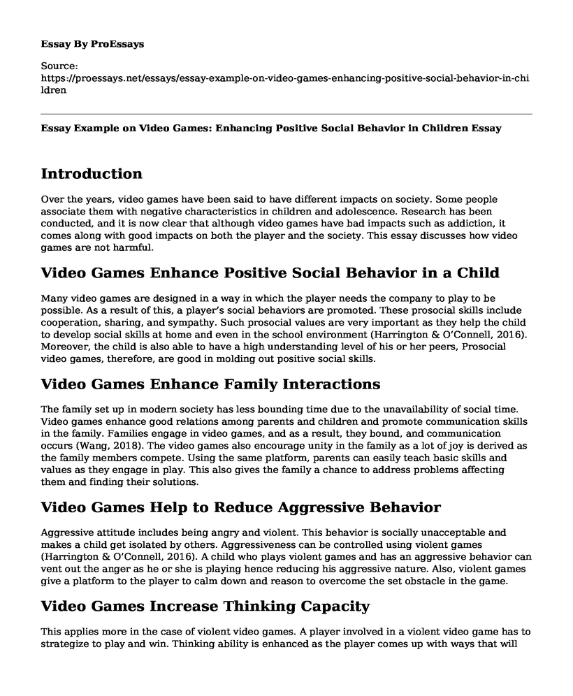 Essay Example on Video Games: Enhancing Positive Social Behavior in Children