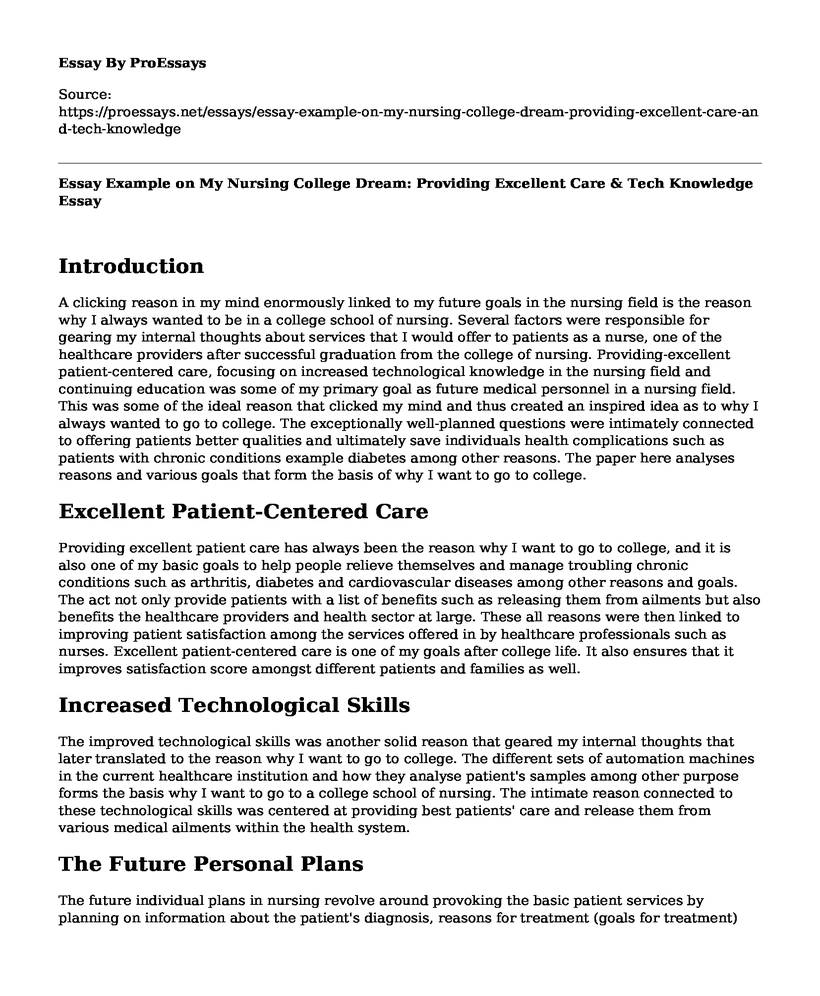 Essay Example on My Nursing College Dream: Providing Excellent Care & Tech Knowledge