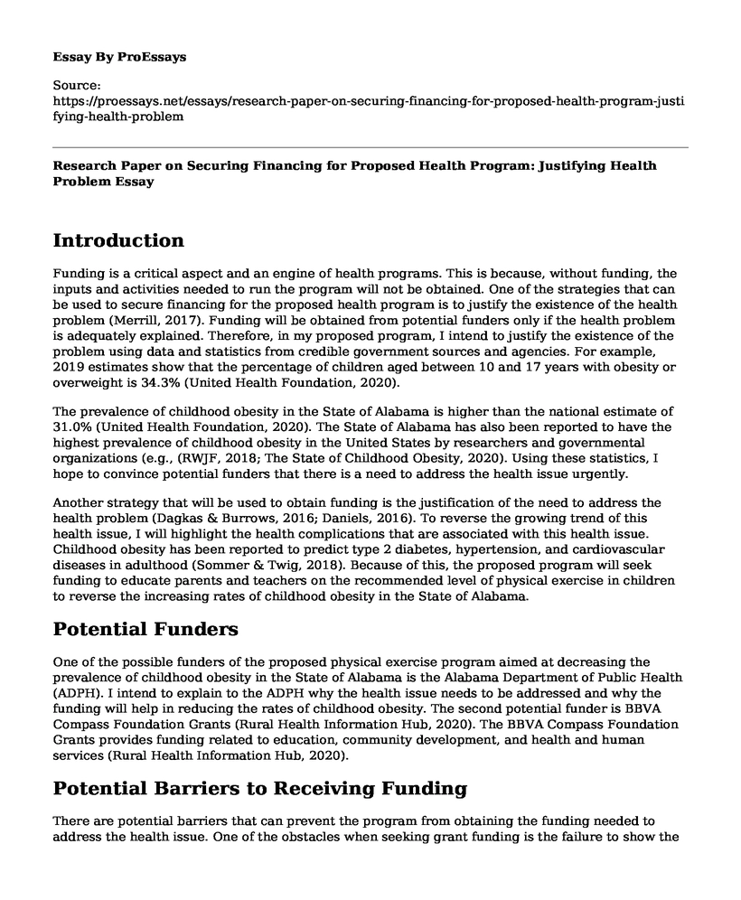 Research Paper on Securing Financing for Proposed Health Program: Justifying Health Problem