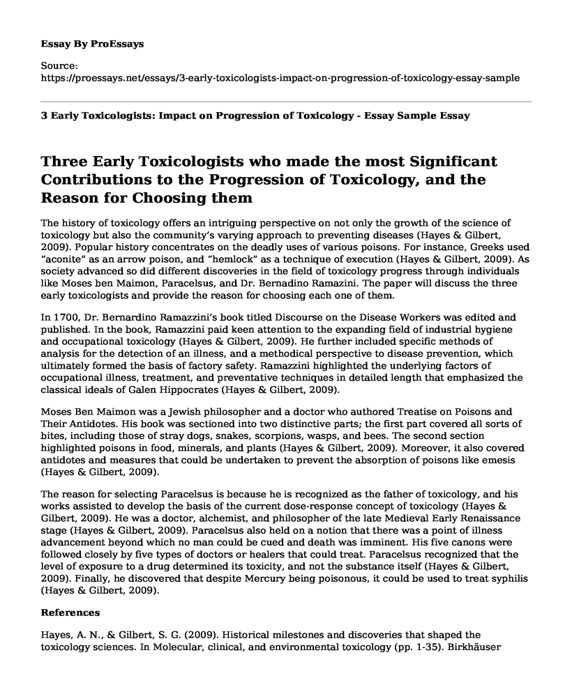 3 Early Toxicologists: Impact on Progression of Toxicology - Essay Sample