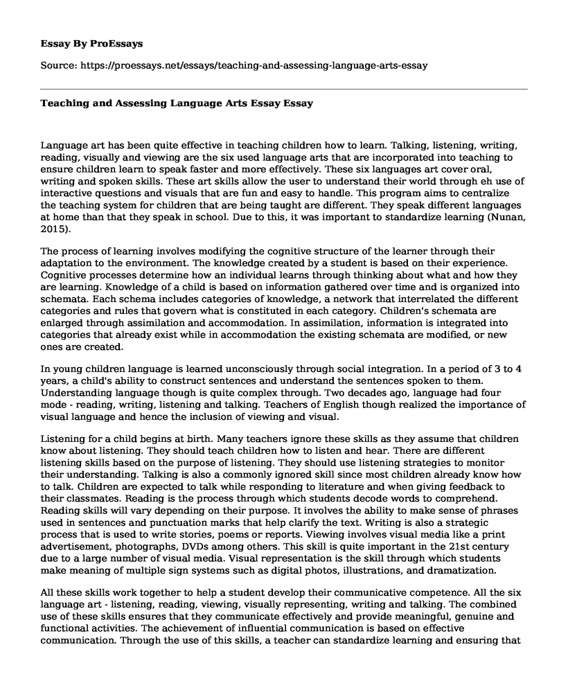 Teaching and Assessing Language Arts Essay