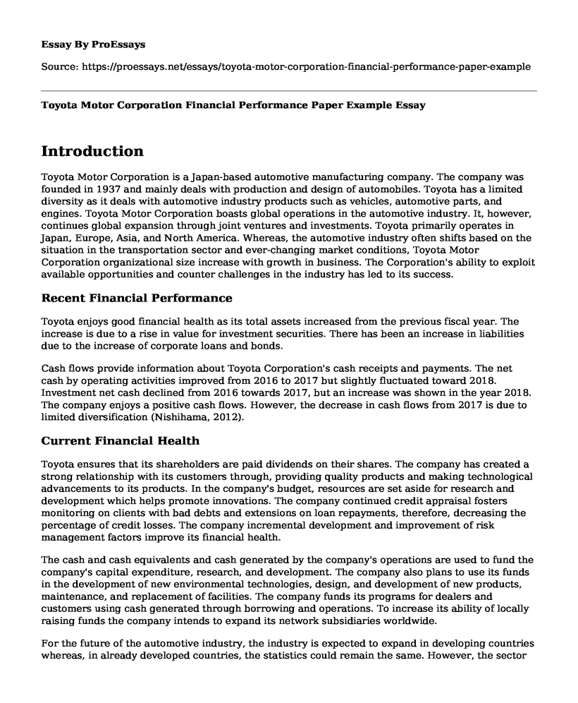 Toyota Motor Corporation Financial Performance Paper Example