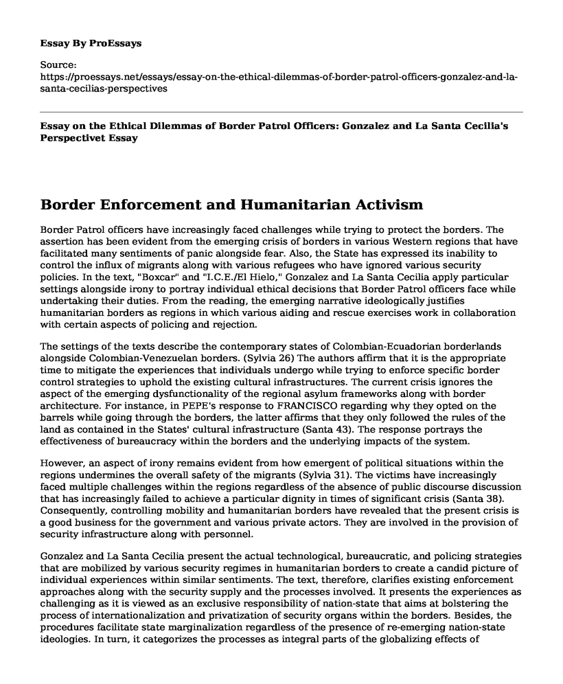 Essay on the Ethical Dilemmas of Border Patrol Officers: Gonzalez and La Santa Cecilia's Perspectivet