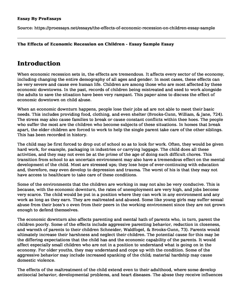 The Effects of Economic Recession on Children - Essay Sample
