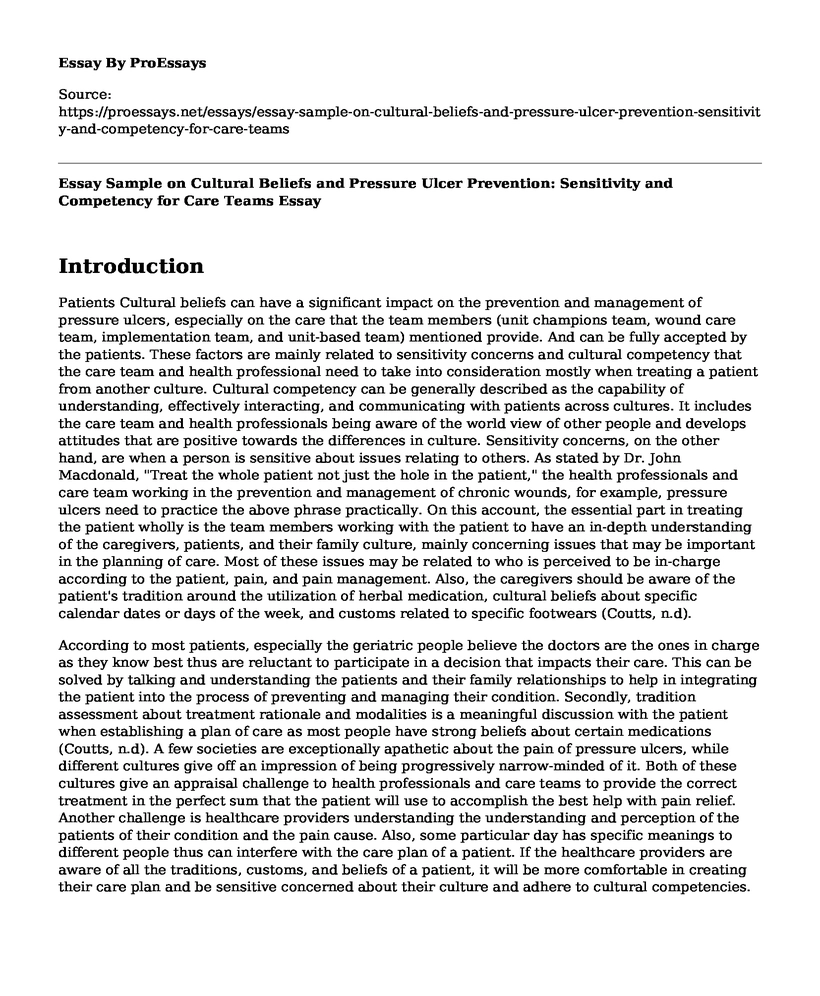 Essay Sample on Cultural Beliefs and Pressure Ulcer Prevention: Sensitivity and Competency for Care Teams