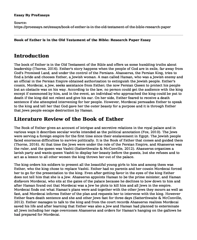 Book of Esther is in the Old Testament of the Bible: Research Paper