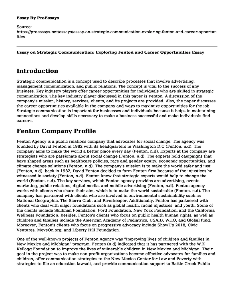 Essay on Strategic Communication: Exploring Fenton and Career Opportunities