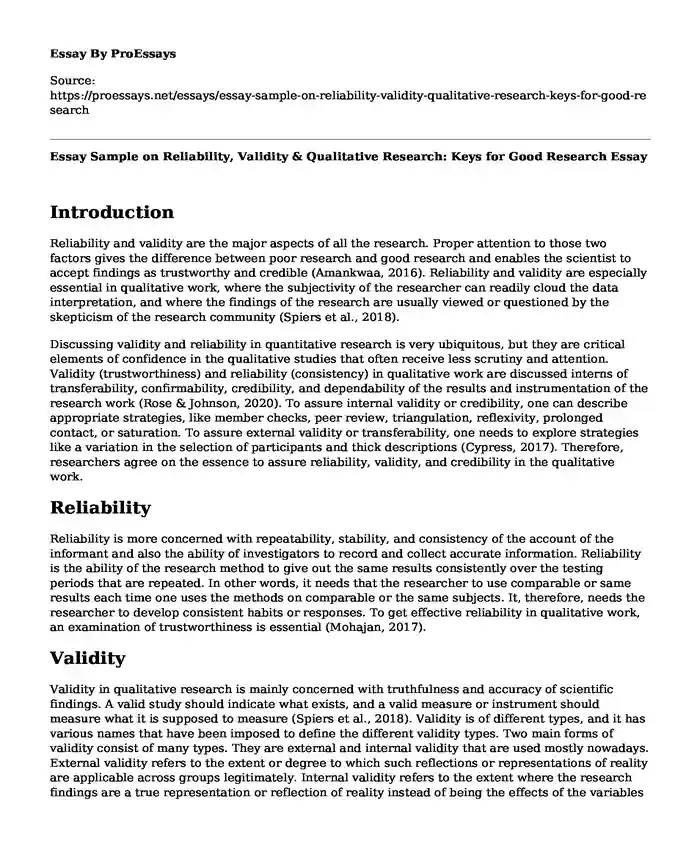 Essay Sample on Reliability, Validity & Qualitative Research: Keys for Good Research