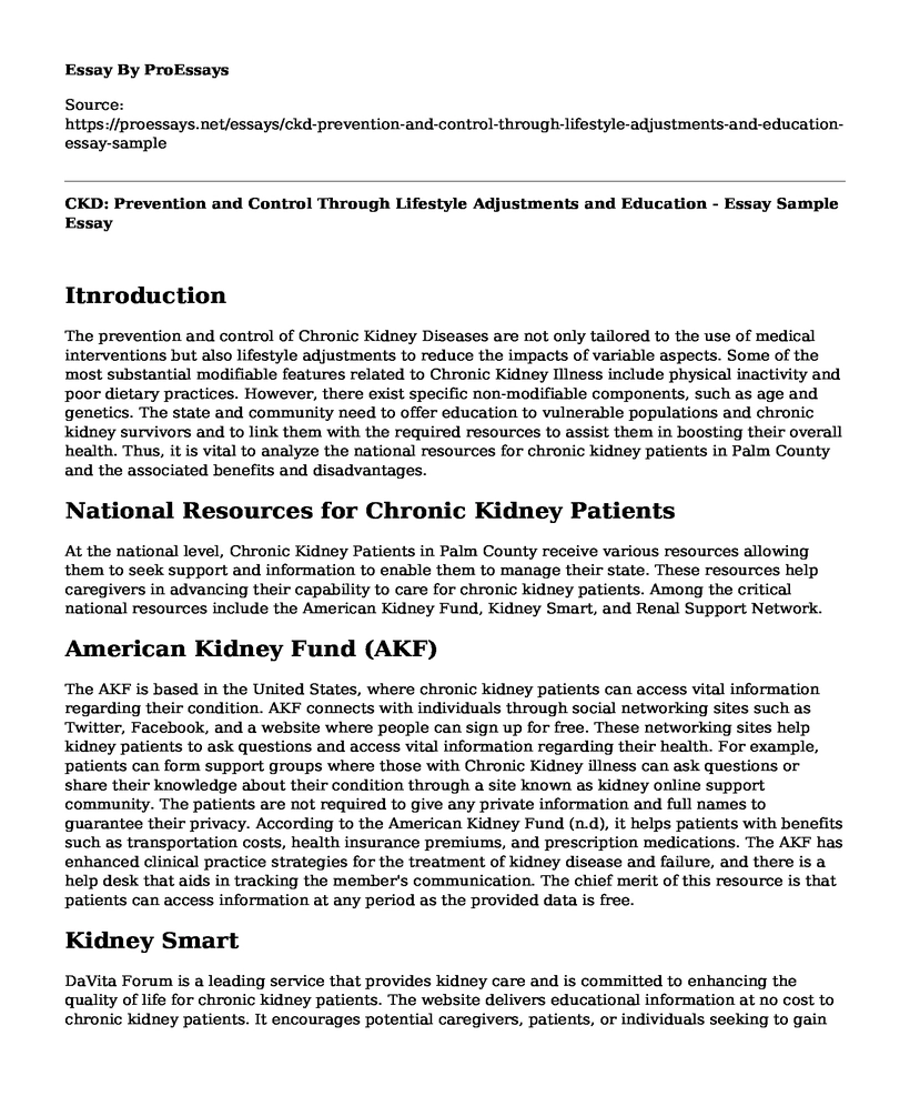 CKD: Prevention and Control Through Lifestyle Adjustments and Education - Essay Sample