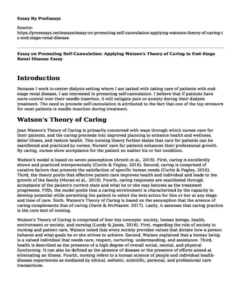 Essay on Promoting Self-Cannulation: Applying Watson's Theory of Caring to End-Stage Renal Disease