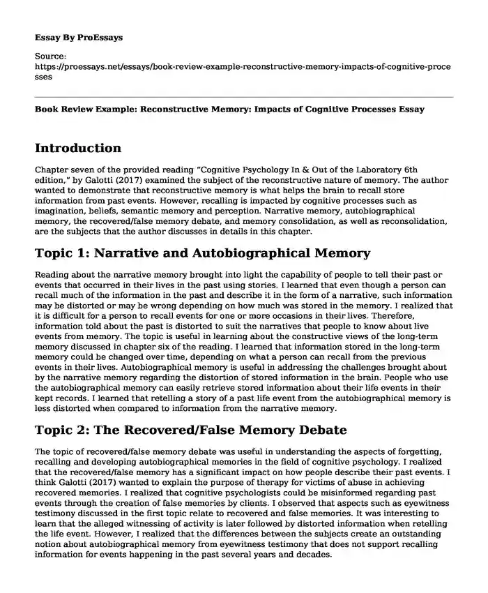 Book Review Example: Reconstructive Memory: Impacts of Cognitive Processes