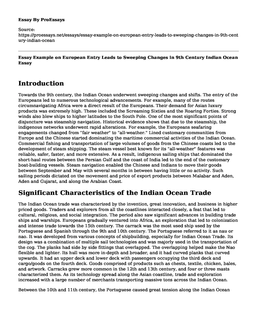 Essay Example on European Entry Leads to Sweeping Changes in 9th Century Indian Ocean