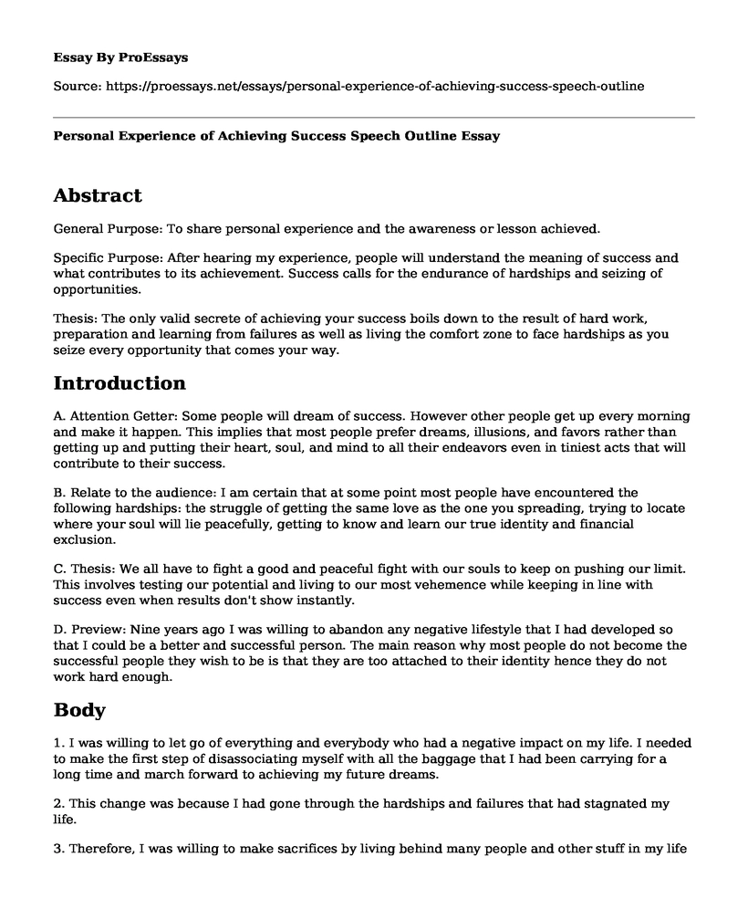 Personal Experience of Achieving Success Speech Outline
