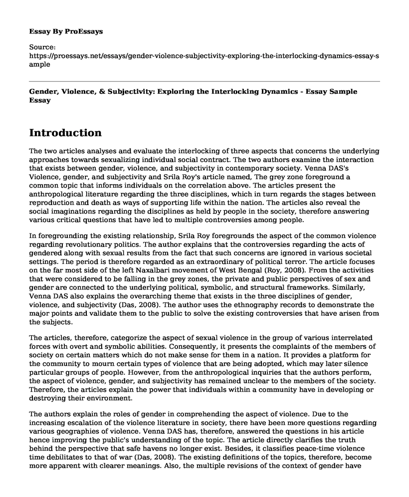 Gender, Violence, & Subjectivity: Exploring the Interlocking Dynamics - Essay Sample