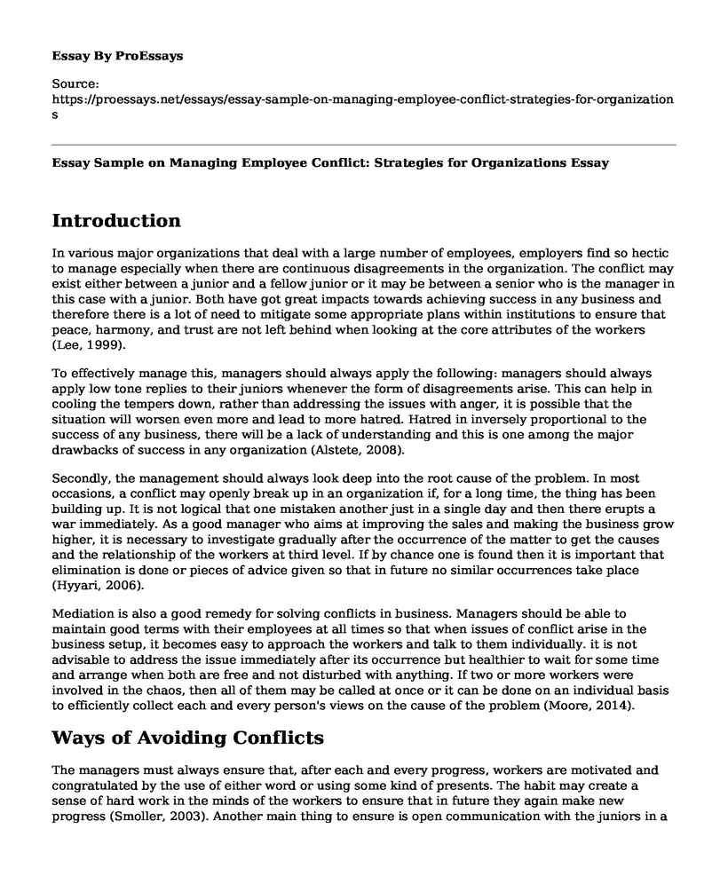 Essay Sample on Managing Employee Conflict: Strategies for Organizations