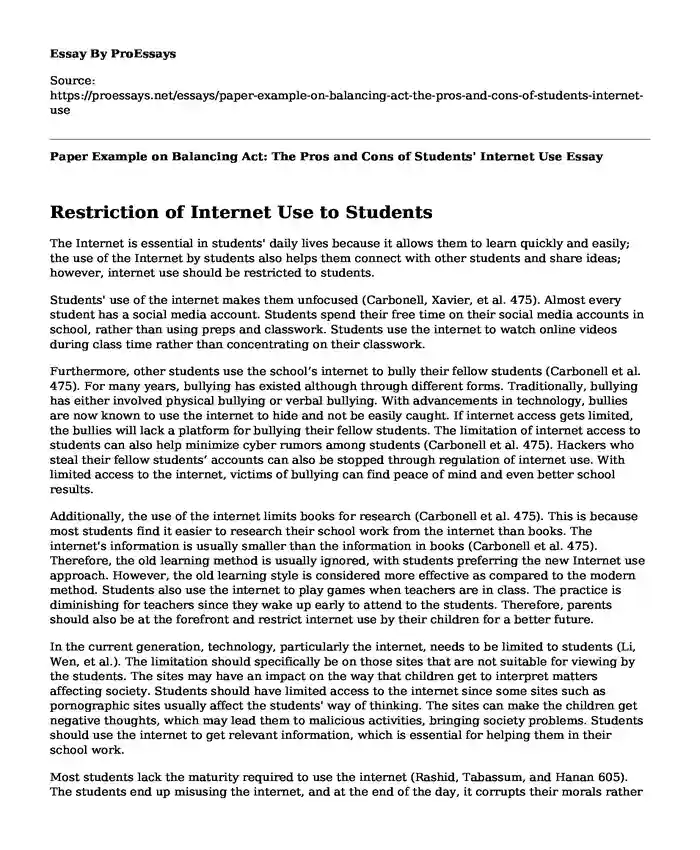 Paper Example on Balancing Act: The Pros and Cons of Students' Internet Use