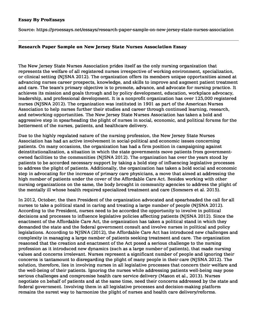 Research Paper Sample on New Jersey State Nurses Association