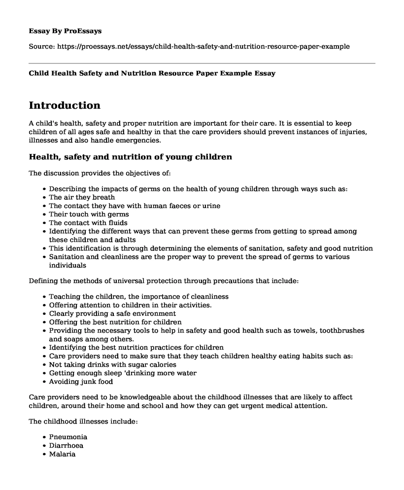 Child Health Safety and Nutrition Resource Paper Example