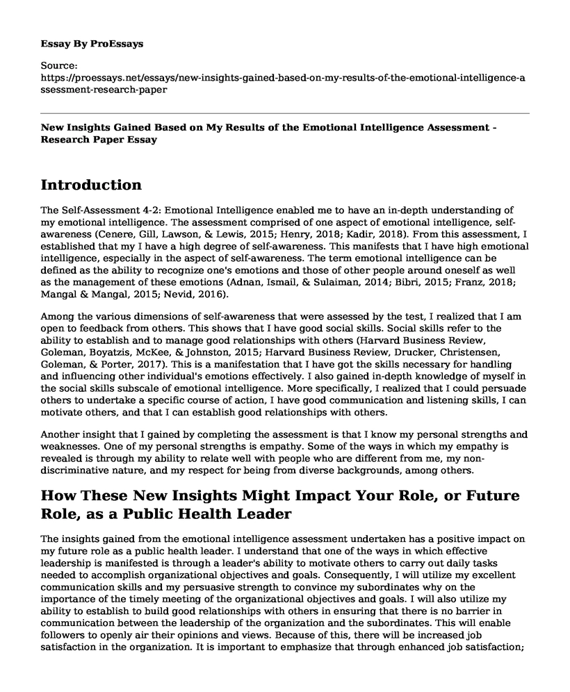 New Insights Gained Based on My Results of the Emotional Intelligence Assessment - Research Paper