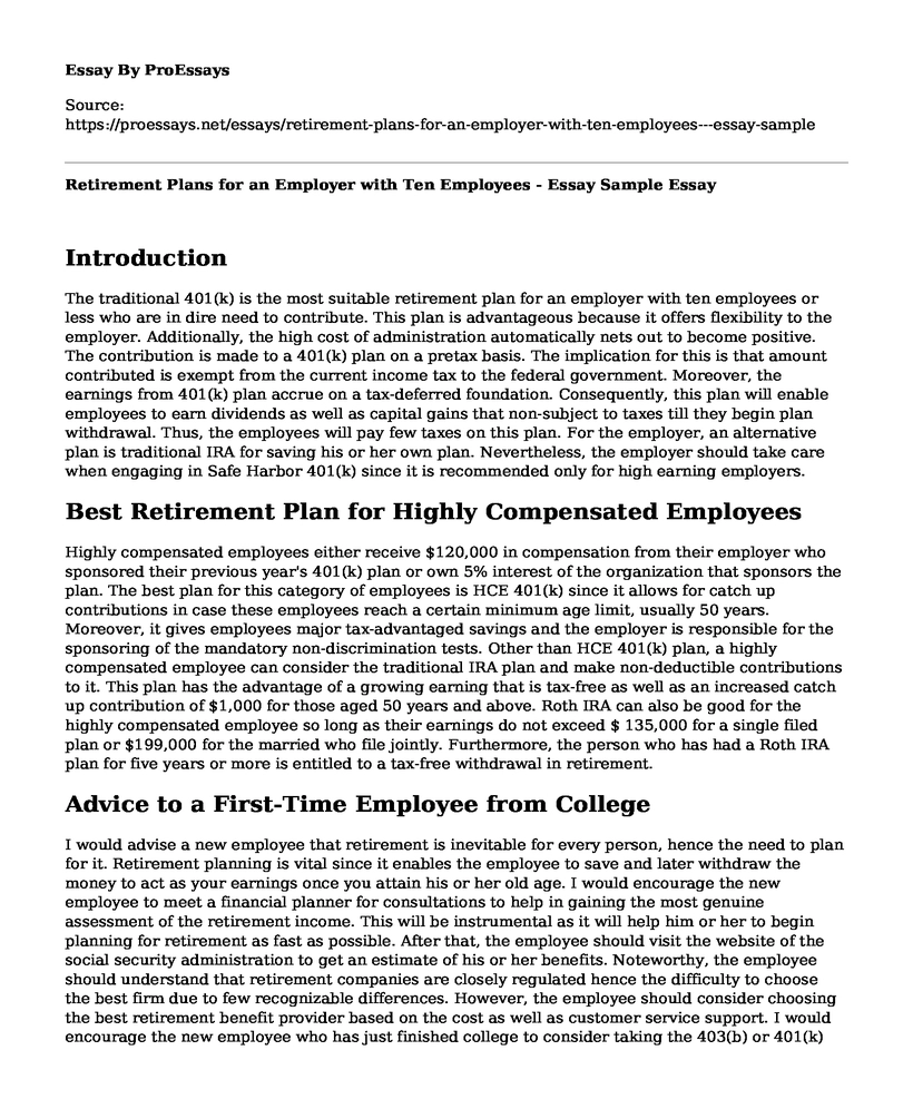 Retirement Plans for an Employer with Ten Employees - Essay Sample 