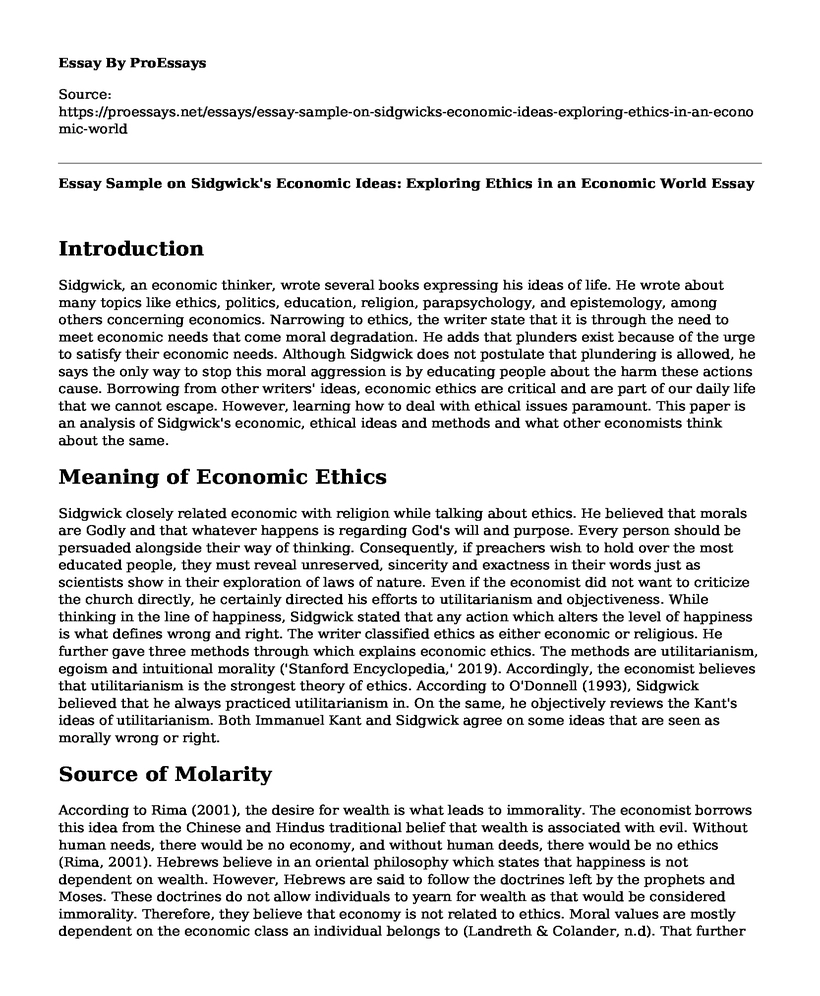 Essay Sample on Sidgwick's Economic Ideas: Exploring Ethics in an Economic World