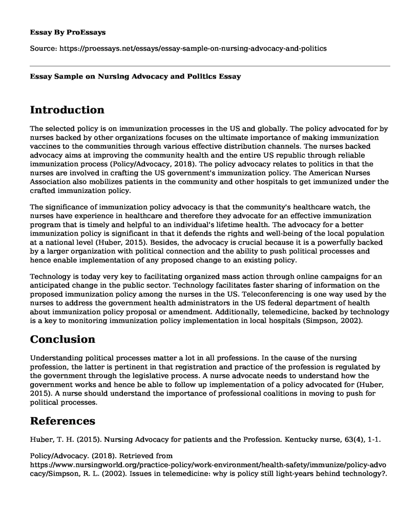 Essay Sample on Nursing Advocacy and Politics