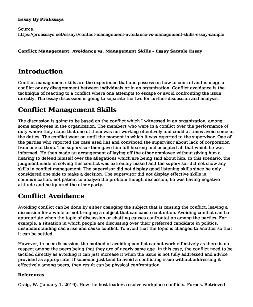 Conflict Management: Avoidance vs. Management Skills - Essay Sample