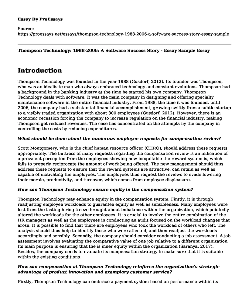 Thompson Technology: 1988-2006: A Software Success Story - Essay Sample