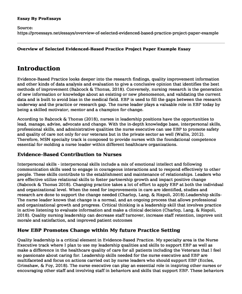 Overview of Selected Evidenced-Based Practice Project Paper Example