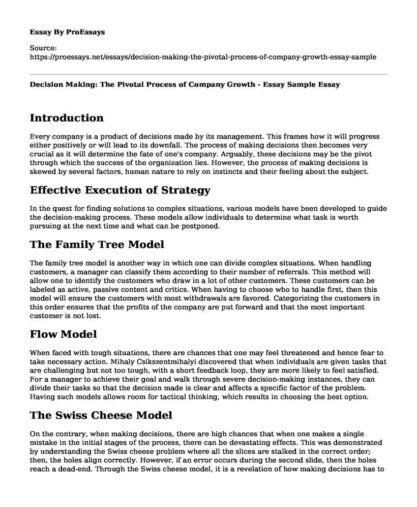 Decision Making: The Pivotal Process of Company Growth - Essay Sample