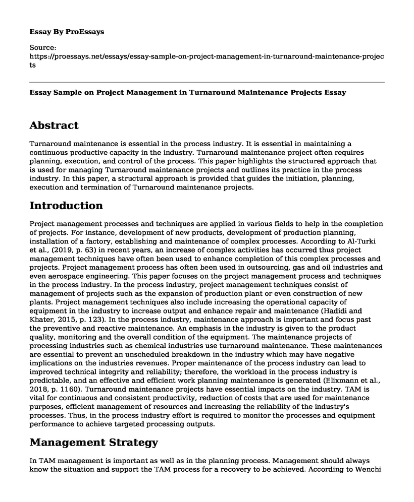 Essay Sample on Project Management in Turnaround Maintenance Projects