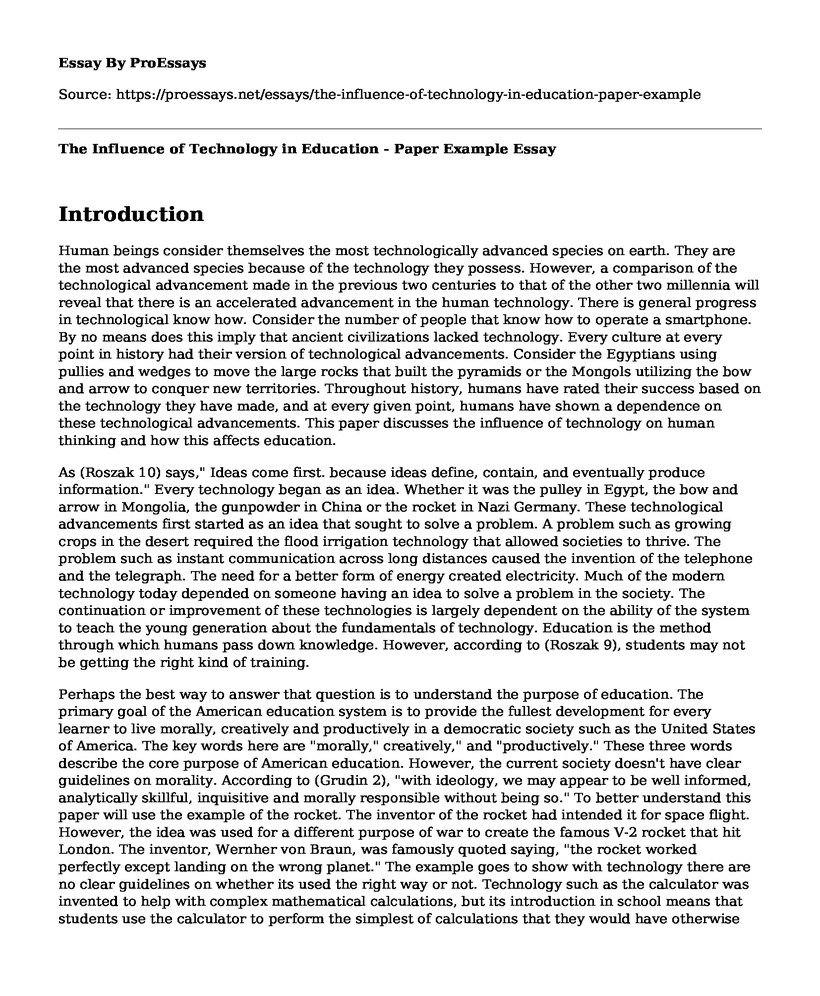 The Influence of Technology in Education - Paper Example