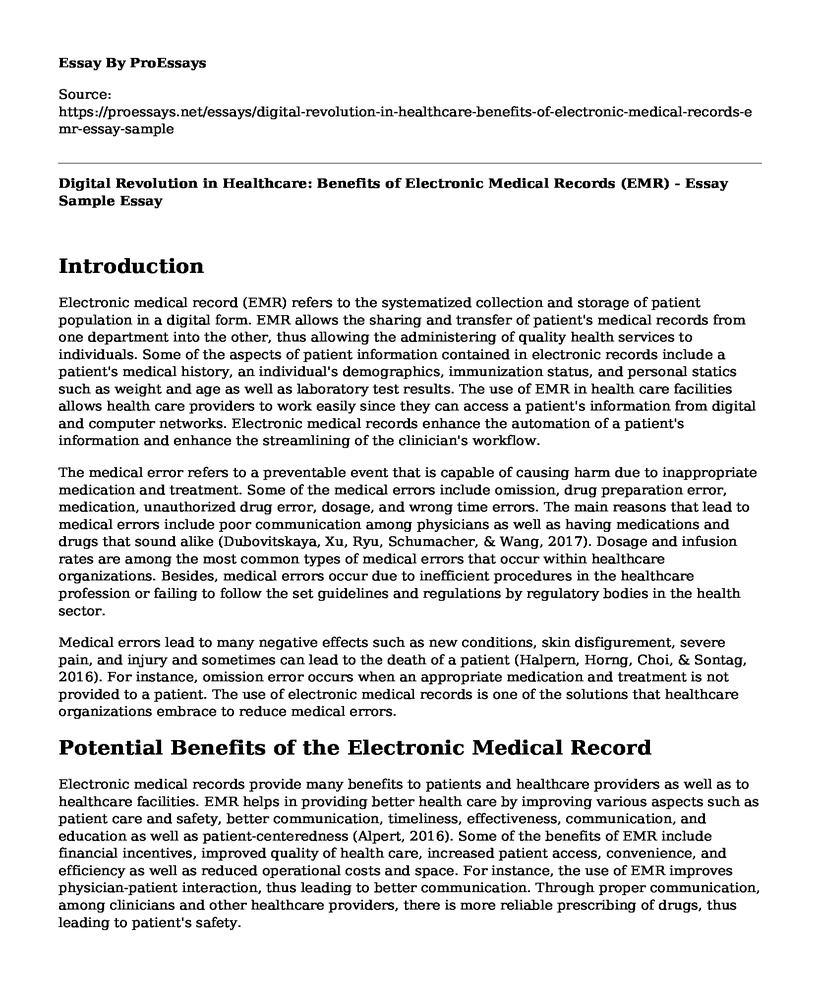 Digital Revolution in Healthcare: Benefits of Electronic Medical Records (EMR) - Essay Sample