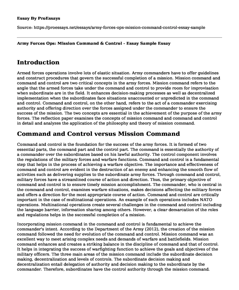 Army Forces Ops: Mission Command & Control - Essay Sample