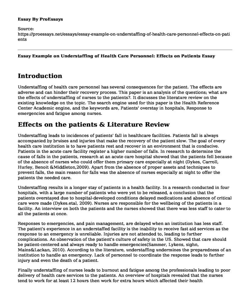 Essay Example on Understaffing of Health Care Personnel: Effects on Patients