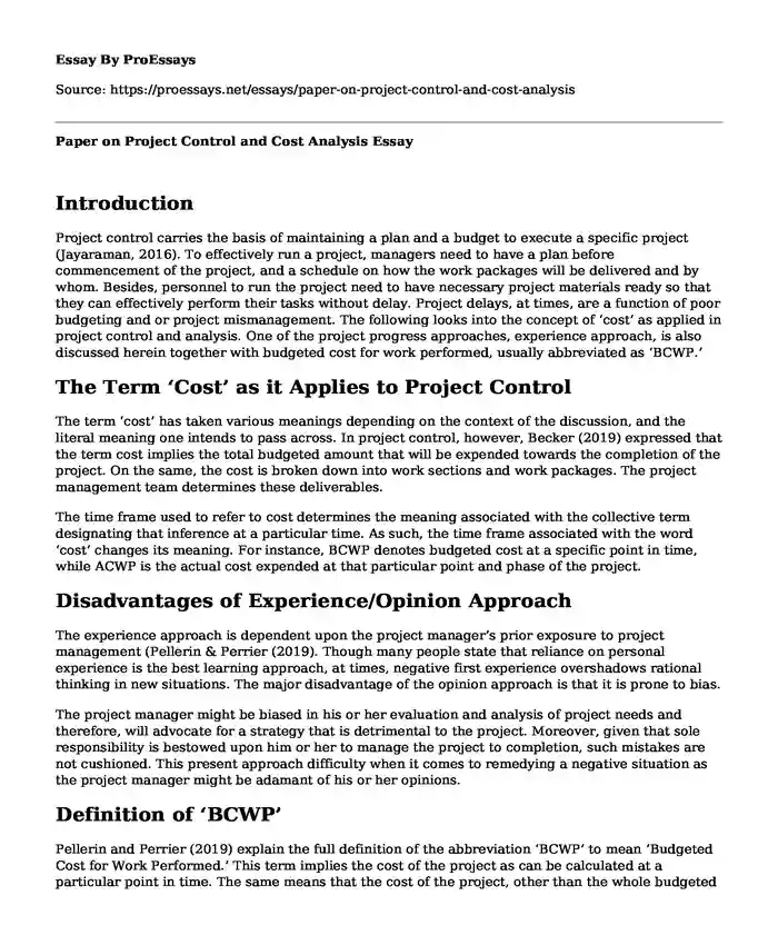 Paper on Project Control and Cost Analysis