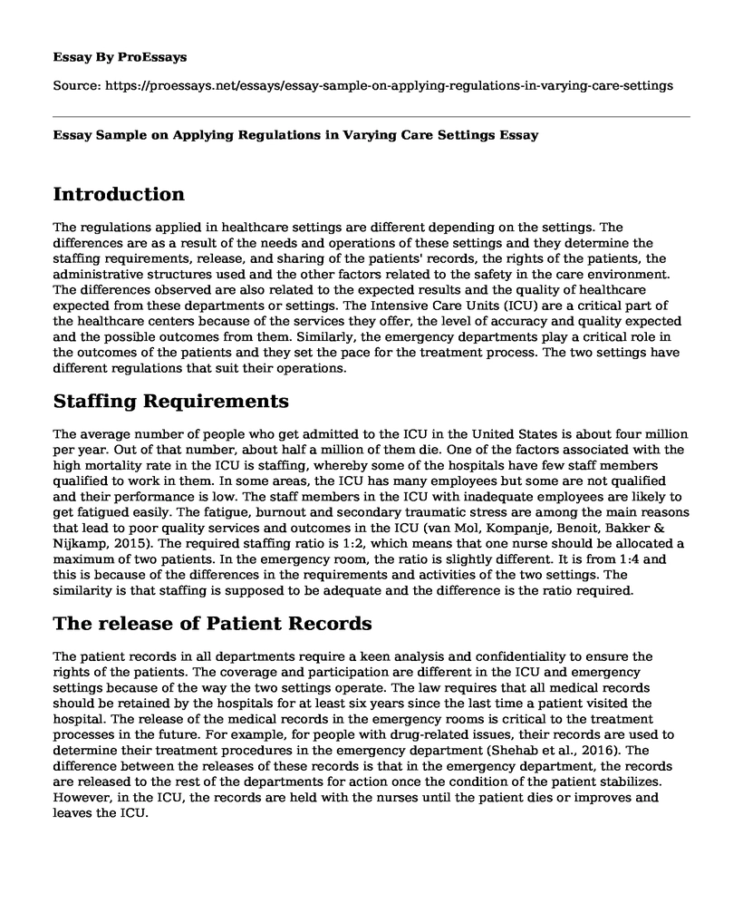 Essay Sample on Applying Regulations in Varying Care Settings