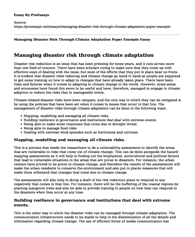 Managing Disaster Risk Through Climate Adaptation Paper Example