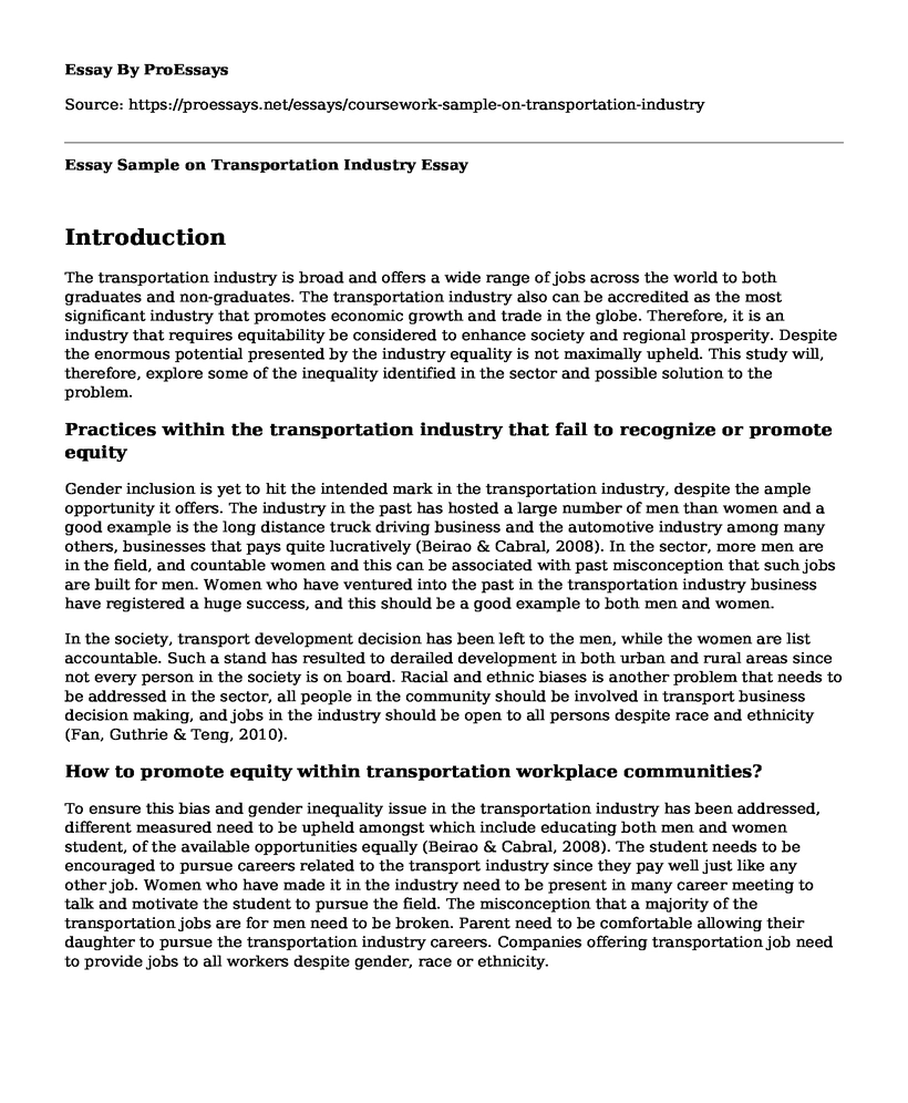 Essay Sample on Transportation Industry