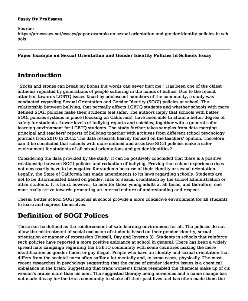 Paper Example on Sexual Orientation and Gender Identity Policies in Schools