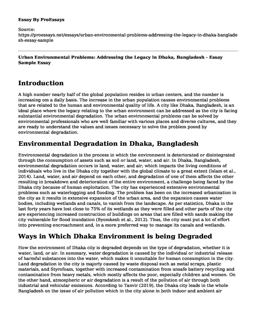 Urban Environmental Problems: Addressing the Legacy in Dhaka, Bangladesh - Essay Sample