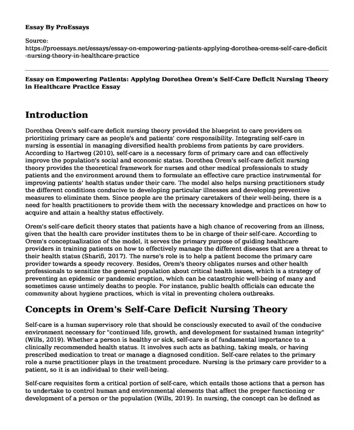 Essay on Empowering Patients: Applying Dorothea Orem's Self-Care Deficit Nursing Theory in Healthcare Practice