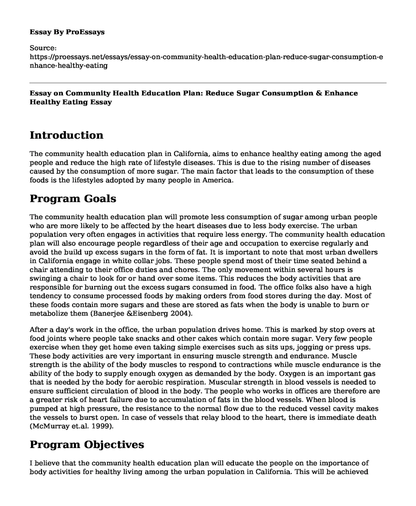 Essay on Community Health Education Plan: Reduce Sugar Consumption & Enhance Healthy Eating