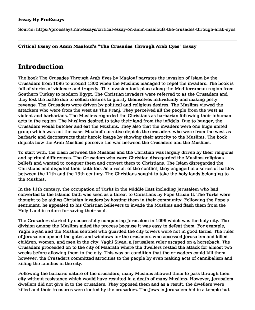 Critical Essay on Amin Maalouf's "The Crusades Through Arab Eyes"