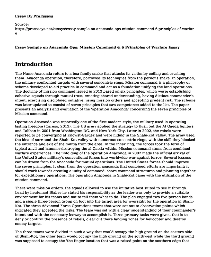 Essay Sample on Anaconda Ops: Mission Command & 6 Principles of Warfare