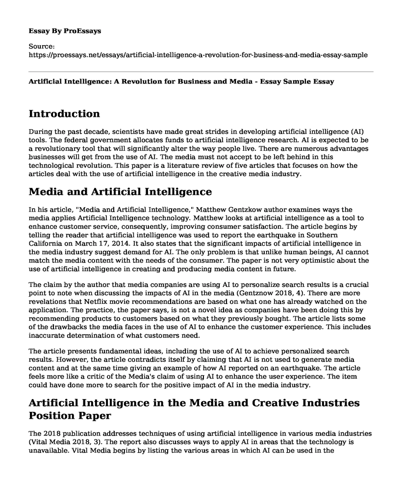 Artificial Intelligence: A Revolution for Business and Media - Essay Sample