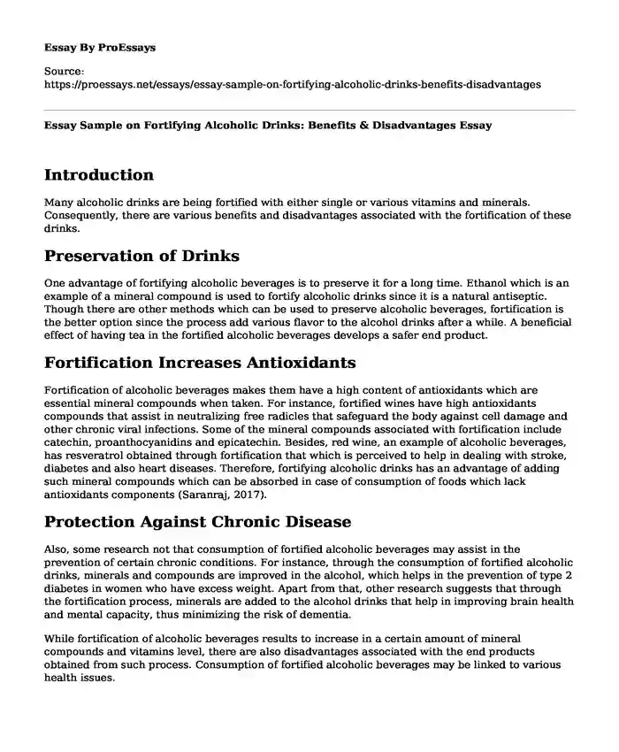 Essay Sample on Fortifying Alcoholic Drinks: Benefits & Disadvantages